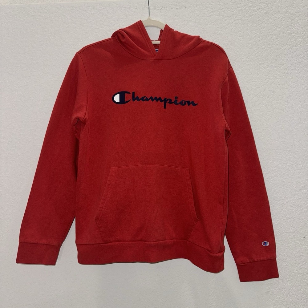 Champion Boys Size XL (18/20) Red Fleece Pullover Hoodie Sweatshirt Logo Outdoor
